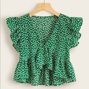 Green Floral Print Butterfly Sleeve Top